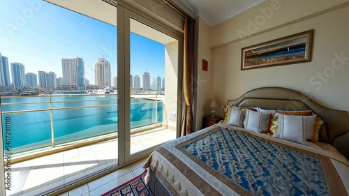 Luxury Waterfront Bedroom with Stunning City Skyline View