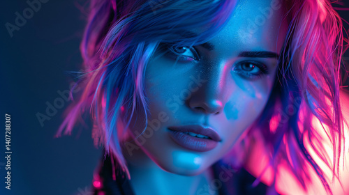 Futuristic female model with a vibrant blue and purple hairstyle, looking confidently at the camera in a sci-fi studio setting