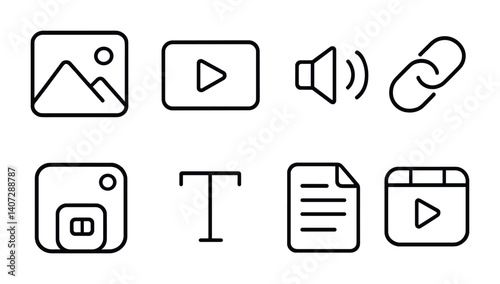 outline vector icons of parental control settings: time limit, blocked content, child profile, activity report, safe search, app control, PIN lock, bedtime mode. No text. The icons should be clean.