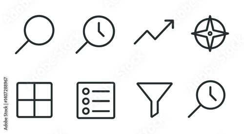 outline vector icons of parental control settings: time limit, blocked content, child profile, activity report, safe search, app control, PIN lock, bedtime mode. No text. The icons should be clean.