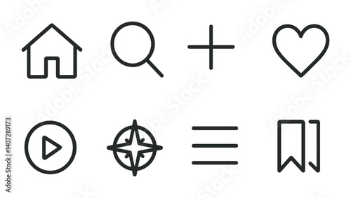 outline vector icons of app navigation: home icon, search, add new, activity tab, explore, menu, tabs, favorites. No text. The icons should be clean. isolated transparent background. Line icons in