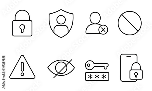 outline vector icons of privacy controls: lock icon, private account, block user, restrict access, report abuse, hide content, password change, two-factor. No text. The icons should be clean.