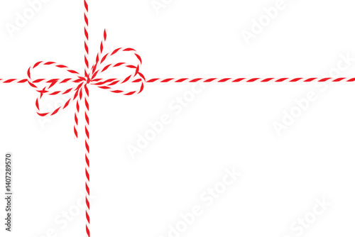 Card, gift tied up with cotton red rope bakers twine double bow, ribbon. Packing cord for envelope, present, pastry box for New Year, Christmas. Flat vector on transparent background. EPS10