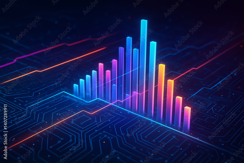 Naklejka premium A vibrant, digital abstract representation of data visualization, featuring colorful bar graphs and circuit-like lines, symbolizing innovation and advanced analytics in technology.