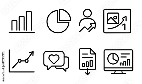 outline vector icons of data and insights: bar chart, pie chart, follower growth, post performance, reach trends, engagement stats, data export, insights dashboard. No text. The icons should be clean