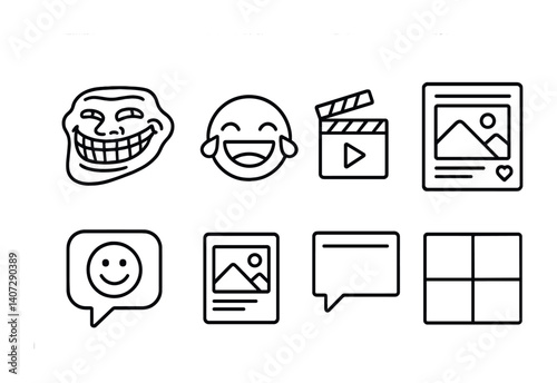 Linear internet meme icon set: troll faces, emojis, and social media symbols