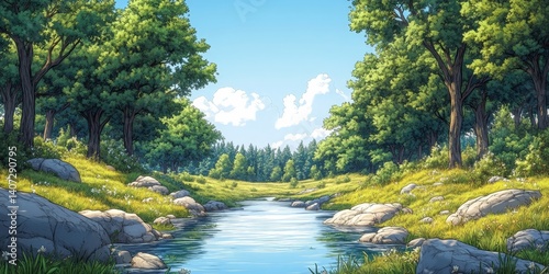 Illustrated forest with river and clear sky, eco-friendly design
