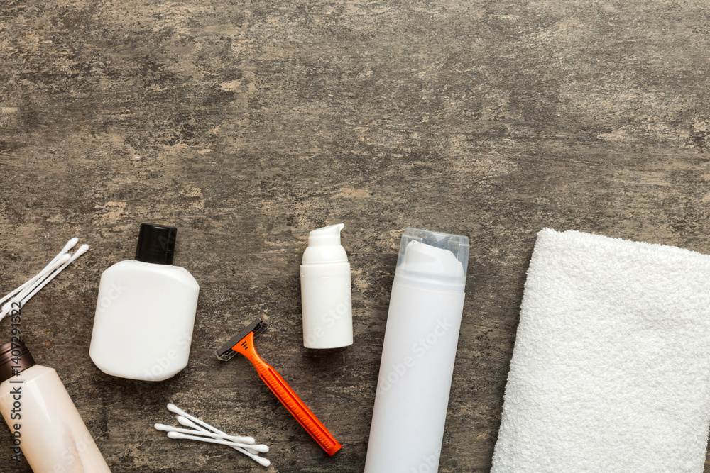 Naklejka premium Composition with bath cosmetics on table. razor, toothpaste, soap, gel, toothbrush, mouthwash and other various accessories. Cosmetics for skin health. Bath Mockup for your logo