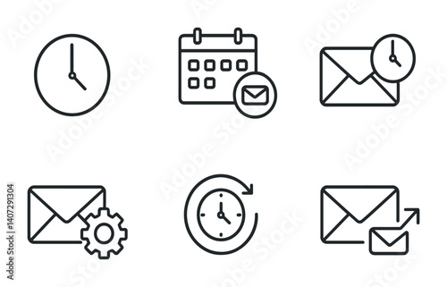 outline vector icons of email scheduling: clock icon, calendar send, delayed email, schedule settings, time zone, recurring email, auto-responder, send later. No text. The icons should be clean.