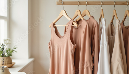 Minimalist yoga attire display in soft lighting, product showcasing