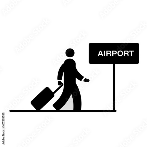 A simplified silhouette of a traveler with a suitcase is walking towards an AIRPORT sign.
