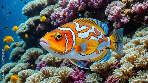 Colorful Harlequin Sweetlips Fish Swimming in Coral Reef photo