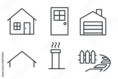 outline vector icons of home exterior: house facade, front door, garage, mailbox, roof, chimney, fence, garden path. No text. The icons should be clean. isolated transparent background. Line icons in