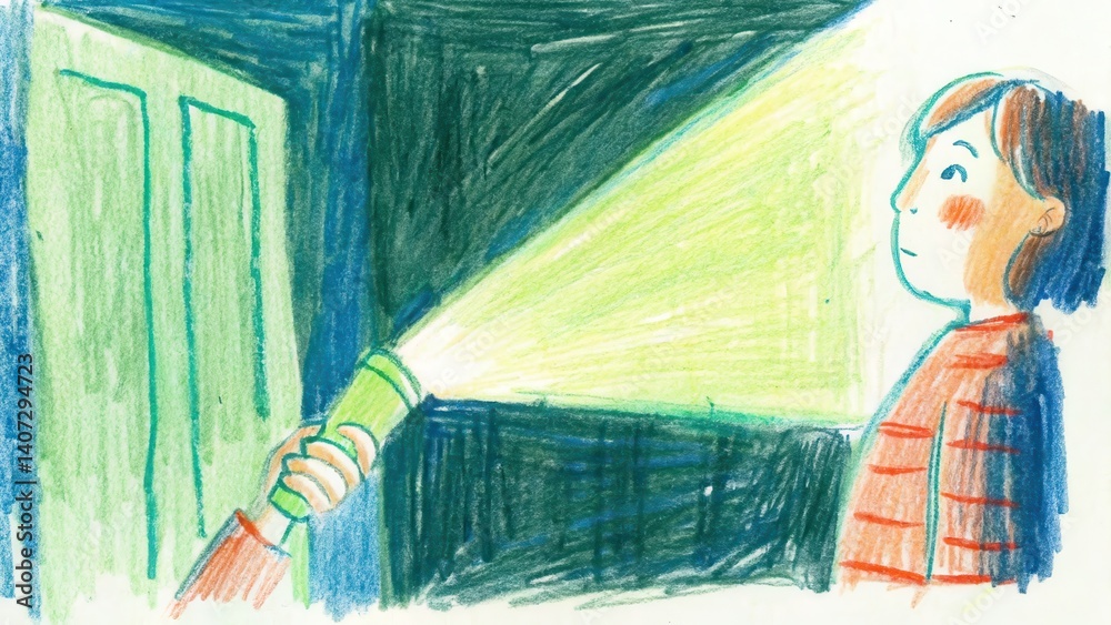 Child holding flashlight and exploring a dark room