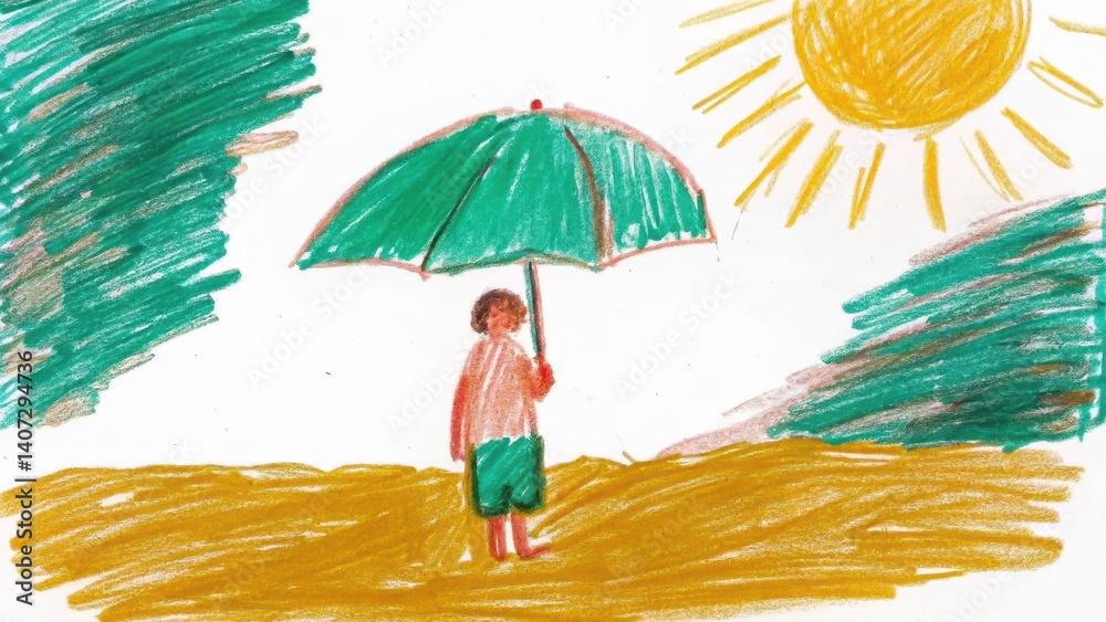 Child holding a green umbrella under the sun in a bright landscape