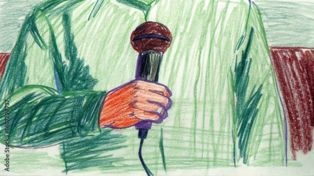 Person holding a microphone with enthusiasm against a colorful background
