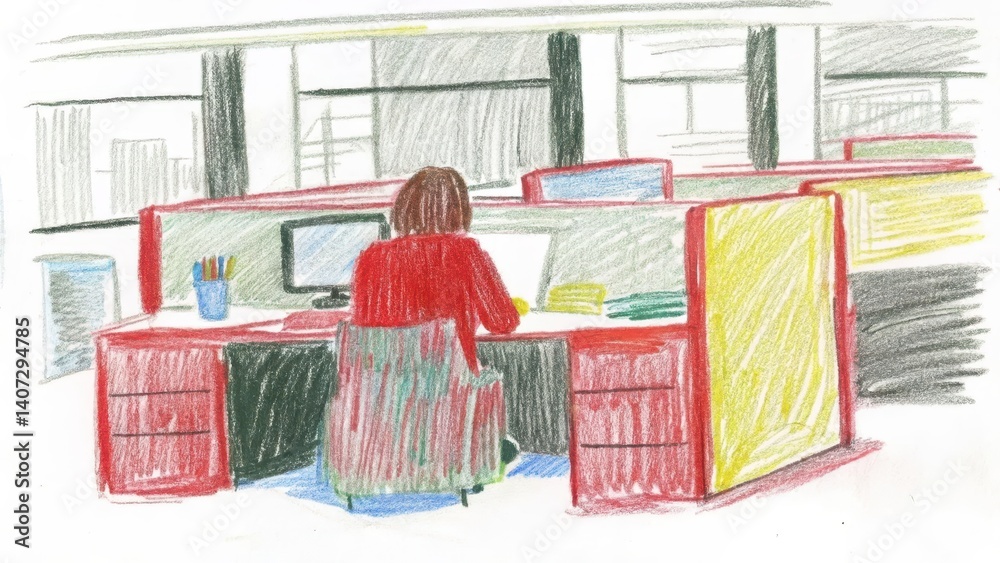 Person working diligently at an office desk with colorful cubicles