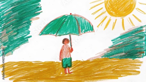 Obraz na płótnie Child holding a green umbrella under the sun in a bright landscape w salonie