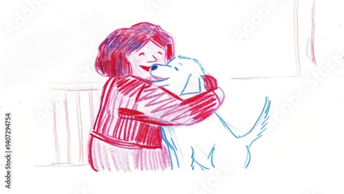 Woman hugging a dog with happiness in a bright setting  