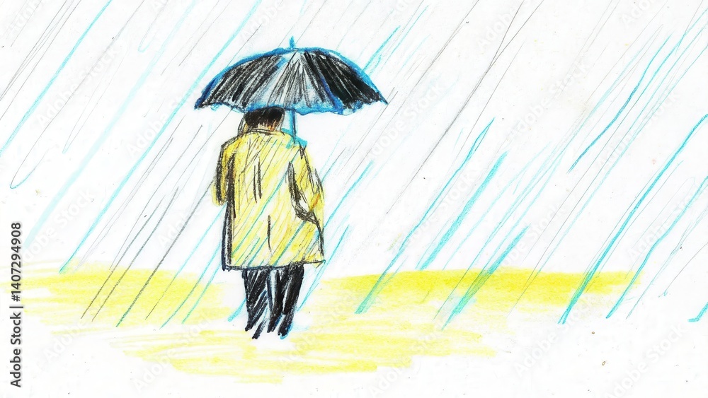 Person Walking in the Rain Holding an Umbrella in Yellow Background