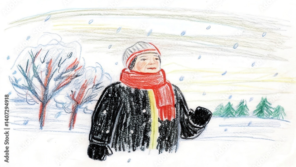 Person enjoying snowfall in winter landscape