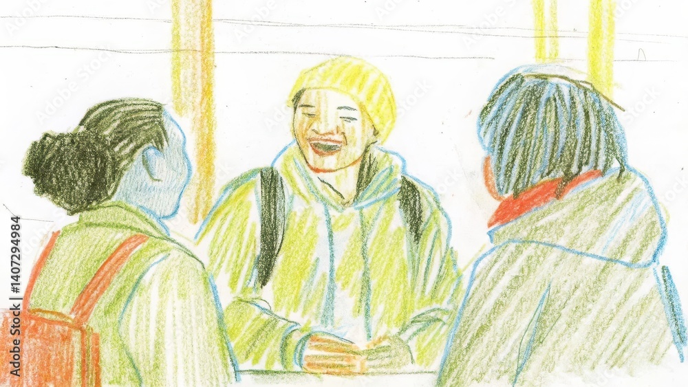 Young people laughing and chatting indoors against a bright background