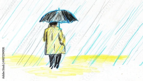 Obraz na płótnie Person Walking in the Rain Holding an Umbrella in Yellow Background w salonie