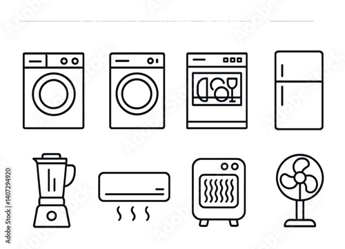 outline vector icons of home appliances: washing machine, dryer, dishwasher, fridge, blender, air conditioner, heater, fan. No text. The icons should be clean. isolated transparent background. Line