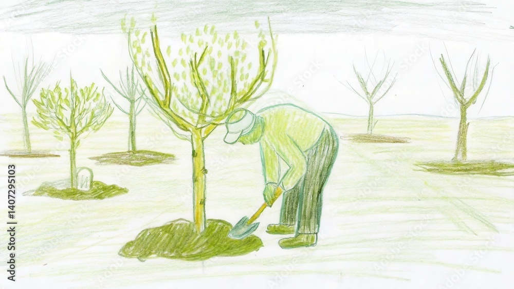 Person planting a tree in a green landscape