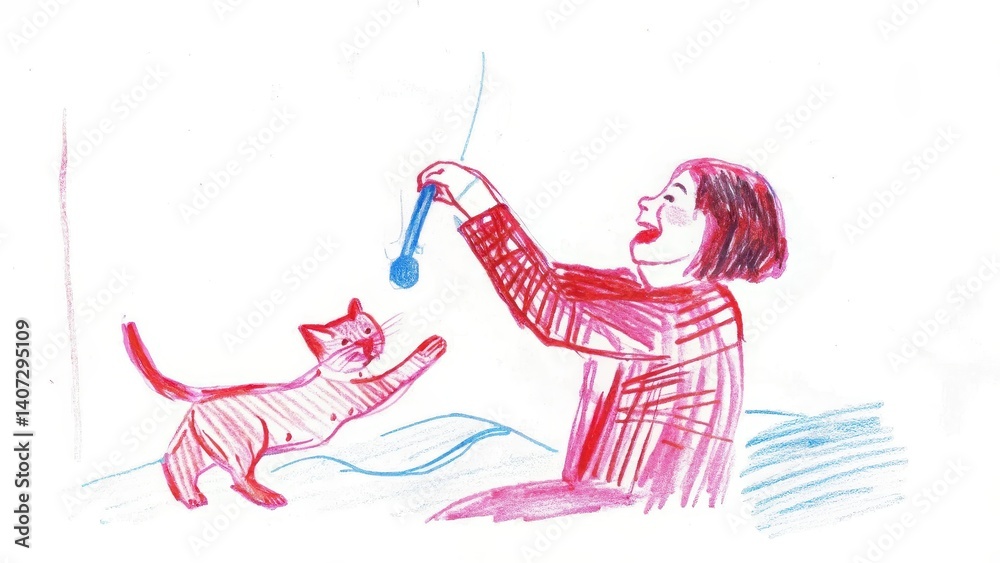 Person joyfully playing with a cat using a toy on a soft surface