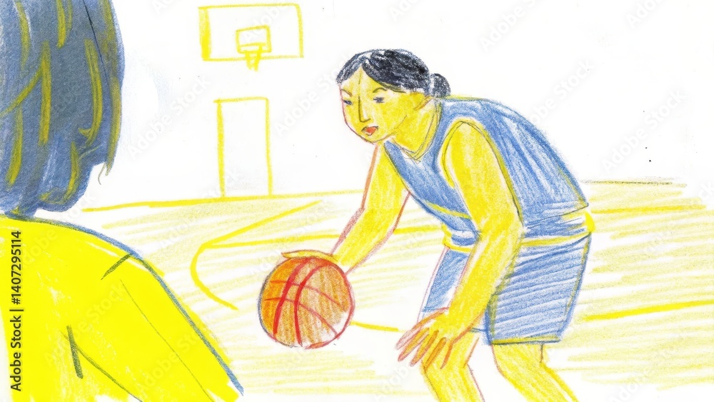 Person playing basketball with determination in sports hall