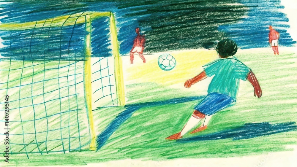 Young player kicking a soccer ball towards the goal