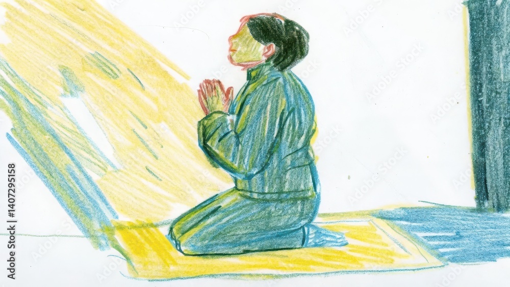 Person praying in a peaceful setting with soft light