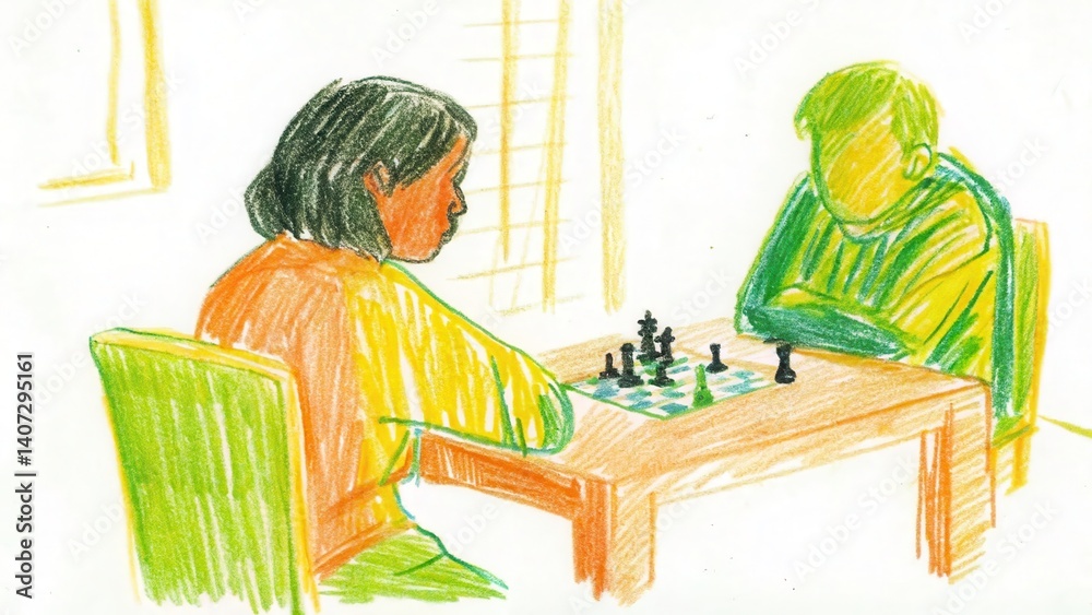 Two people playing chess with focused expressions at a table