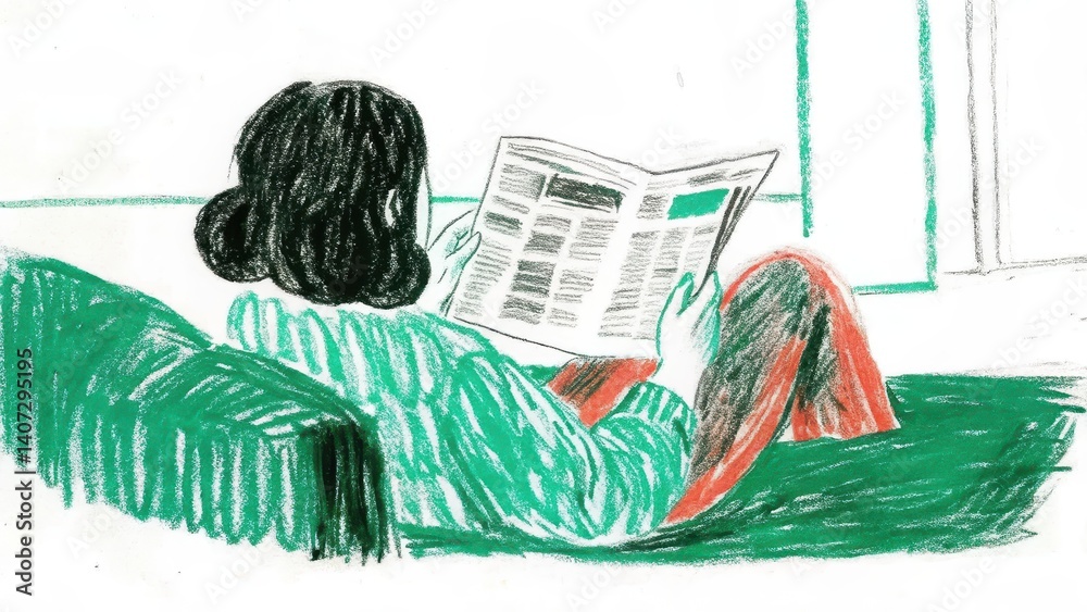 Person reading a newspaper while relaxing on a green couch