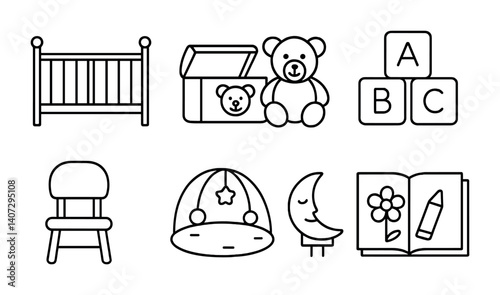 Linear baby icon set: crib, toys, abc blocks, chair, playmat, moon, coloring book