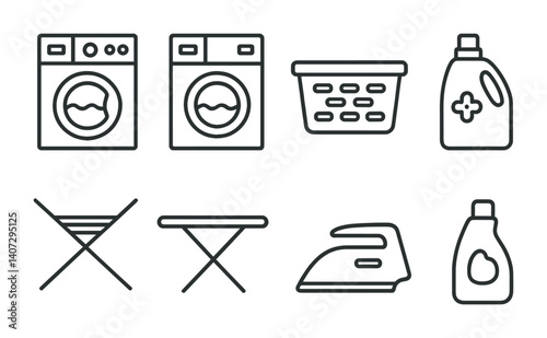 outline vector icons of laundry room: washer, dryer, laundry basket, detergent, drying rack, ironing board, iron, fabric softener. No text. The icons should be clean. isolated transparent background.