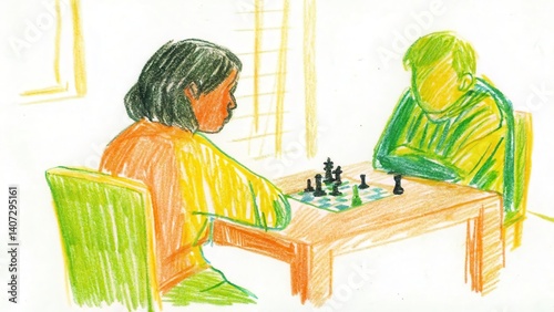 Obraz na płótnie Two people playing chess with focused expressions at a table w salonie