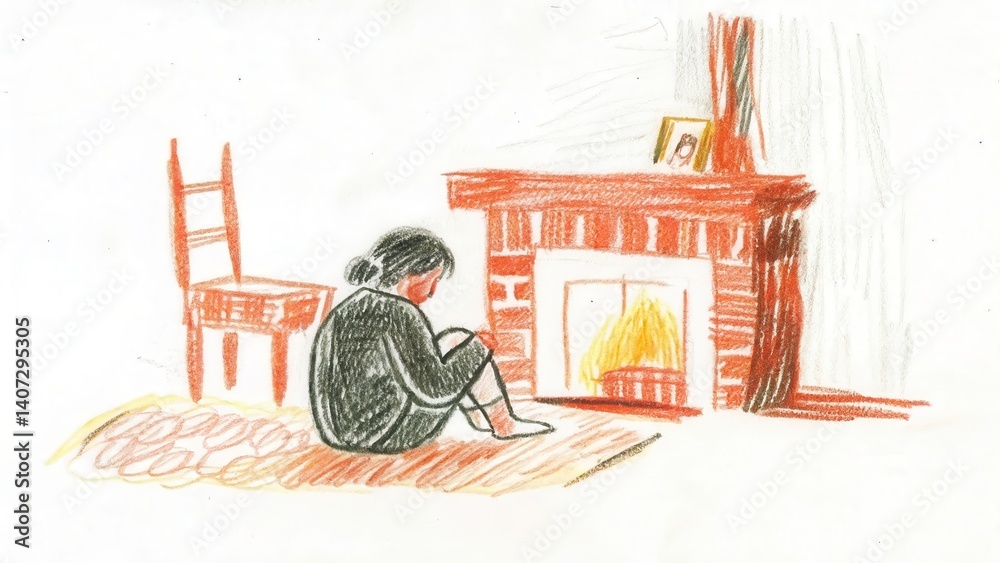 person sitting by a fireplace in a cozy room
