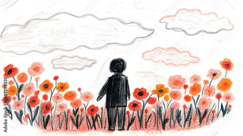 Person gazing at a field of colorful flowers against a cloudy sky
