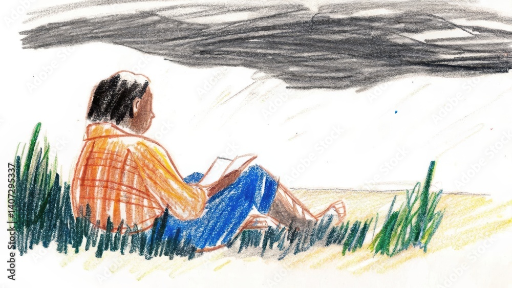 Person reading a book sitting on grass against a dark sky