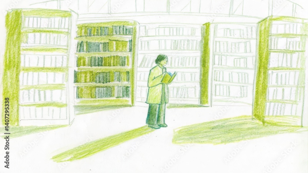Person reading in a library with book shelves around