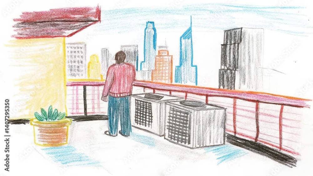 Person gazing at city skyline from rooftop balcony