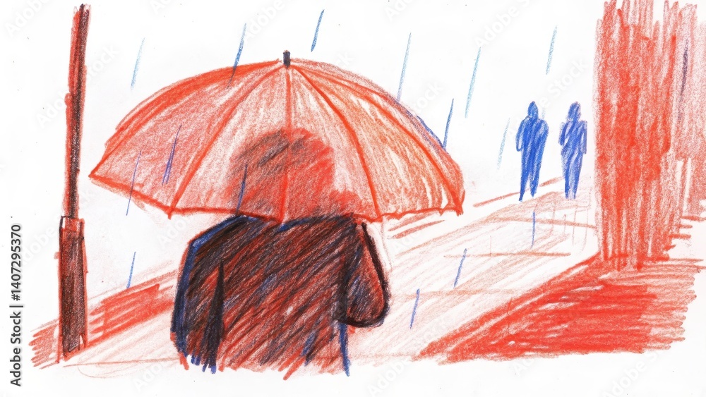 Person Walking in Rain with Red Umbrella Against Urban Background