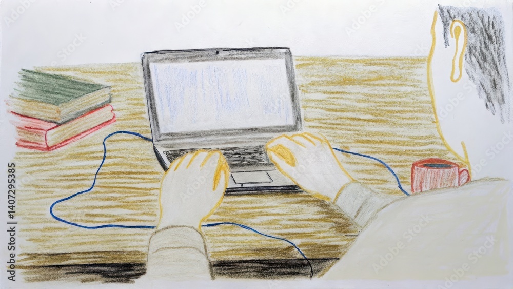 Person typing on a laptop with books and coffee in the background
