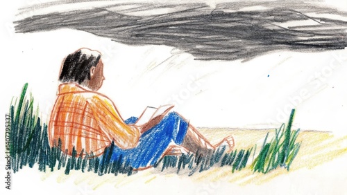 Person reading a book sitting on grass against a dark sky  