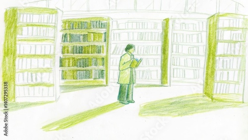 Person reading in a library with book shelves around  