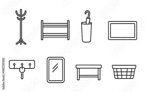 outline vector icons of entryway items: coat rack, shoe rack, umbrella stand, welcome mat, key hook, wall mirror, entry bench, mail basket. No text. The icons should be clean. isolated transparent