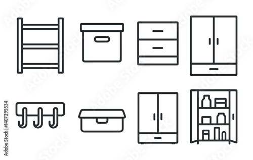 outline vector icons of storage solutions: shelf, box, drawer, cabinet, closet, hooks, under-bed storage, pantry. No text. The icons should be clean. isolated transparent background. Line icons in