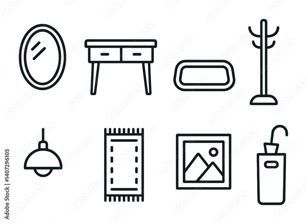 Fototapeta premium Modern home decor icons set: minimalist linear style
